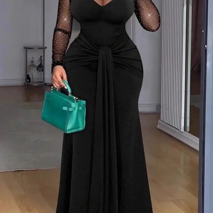 Mesh Patchwork Hollow Sexy Maxi Dress, Women Spring Autumn Long Sleeve Simple Party Dress, New Stand Collar Elegant Ladies Dress