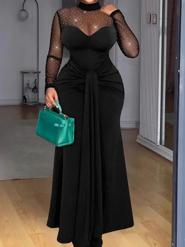 Mesh Patchwork Hohl Sexy Maxikleid, Damen Frühling Herbst Langarm Schlichtes Partykleid, Neues Stehkragen Elegantes Damenkleid