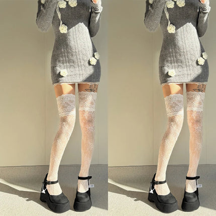 Women's Lace Fishnets Stockings Sexy JK Lolita Over The Knee Socks Autumn/Summer Retro Thigh Highs Tights Breathable Fishnets