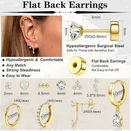 20pcs 14K gold-plated stainless steel earring set, INS style, niche fashion, mini ear studs, earrings, ear rings, jewelry