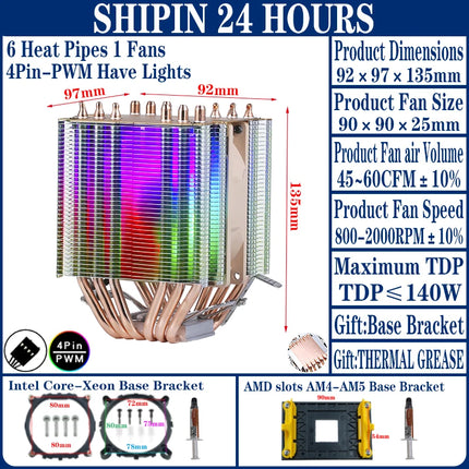 6 Heat Pipe Twin Towers Air-cooled Computer Cooler CPU Cooling 90mm Fan 4pin/PWM Installing LGA2011 2066 x79 x99 2099 E5 E3 AMD