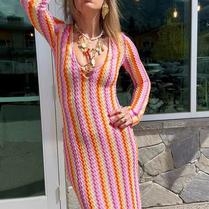 Elegant Deep V Neck Dress Women Sexy Flare Long Sleeve Striped Printed Bohemian Dresses For Women Beach Vacation Dress