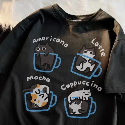 Cat Coffee Printed T-shirt Women's Summer New Round Neck Cute Cat Casual Summer Clothes Fashion Graphic T Shirts Y2K Top Vintage
