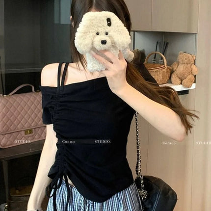 Sweet One Shoulder Drawstring Short Sleeve T Shirt Women Summer Off Shoulder Top Elegant Sexy Solid Color Cropped Basic Blouse