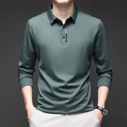 New Men's Business Casual Long Sleeved Shirt with Badge Solid Color Polo Shirt Fashionable Breathable - product image 4