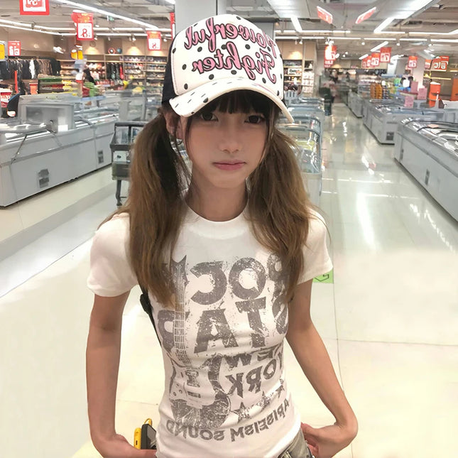 Karrram Japanese Y2k Letter Print T-Shirt 2000er Jahre Stil Kurzarm Crop Top Vintage Harajuku Geripptes T-Shirt American Retro 90er