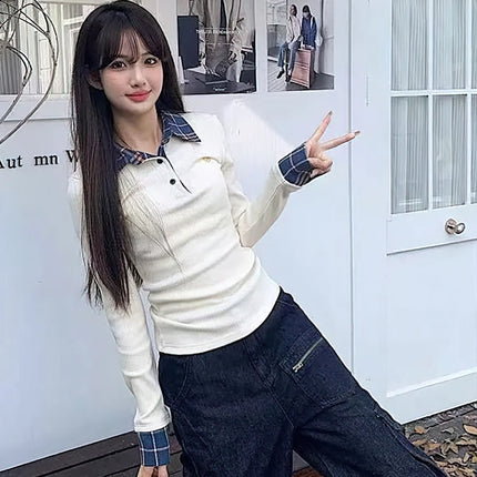 Preppy Polo Neck Plaid Long Sleeve Layered T Shirt Fake Two-piece Basic Top V Neck Button Blouses Tees