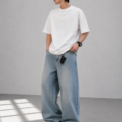 UP.THE Men Light Washed Baggy Wide Leg Jeans, Y2K Oversized Loose Plain Denim Pants, Minimal Basic Streetwear Trousers for Daily Casual Outfits