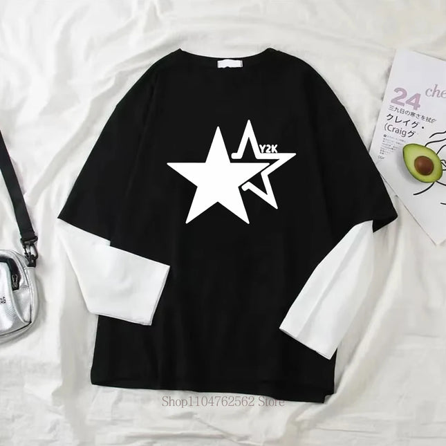 Damen Star Y2K Print Grafik Fake Two Langarm T-Shirts Mode Gothic Retro Lässige Loose Fake Two Langarm T-Shirts