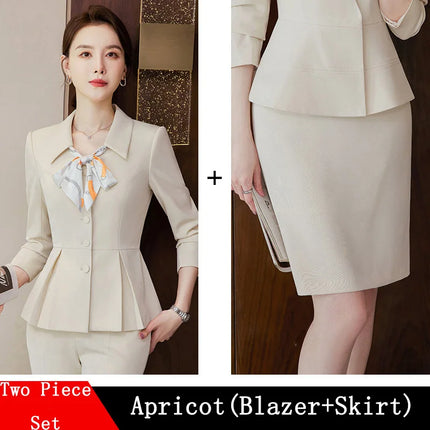2024 New Spring Female Elegant Women's Skirt Suits Apricot Navy Blue Blazer +Trouser Bussiness Jacket Office Lady 2 Pieces Set