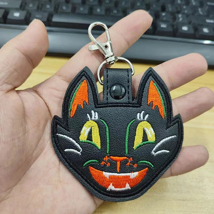 Vintage Halloween Scaredy Black Cat - Embroidered Vinyl Keychain