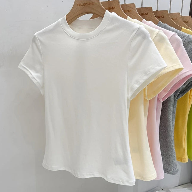 AOSSVIAO 2026 Sommer Einfarbig Damen Kurzarm T-Shirt American Vintage Y2K Slim Basic Rundhals Tee Trendige Slim Fit Tops