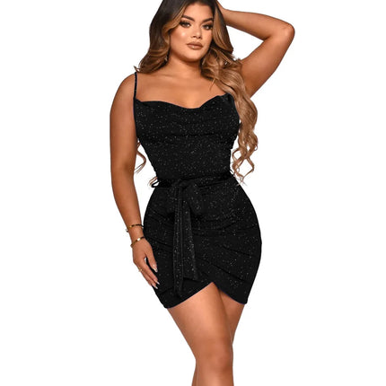 Spaghetti Strap Bodycon Mini Dress Self Tie Waist Ruched Wrap Hem Night Club Party Outfit