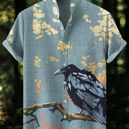 Men's Japanese Retro Art Black Cat Print Shirt Short Sleeve Stand up Collar Single Breasted Casual Linen Top for Vacation
