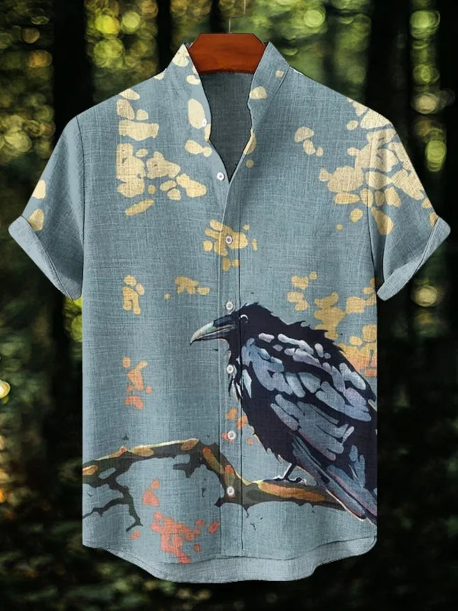 Camisa de lino informal de manga corta con cuello levantado y botones, estilo retro japonés, con estampado de gato negro para hombre, ideal para vacaciones.