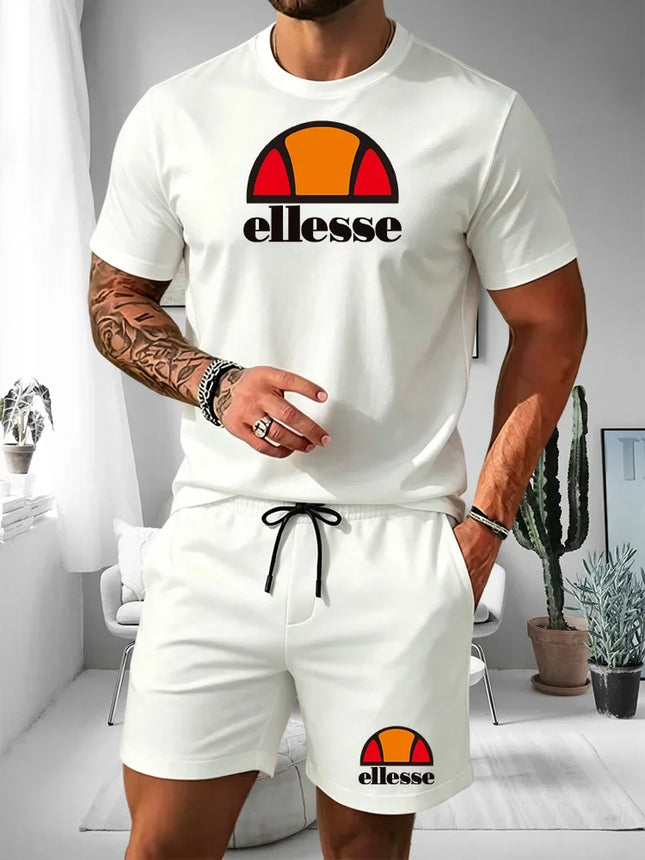 Ellesse Herren Sommer Freizeit Sport Set Kurzarm T-Shirt + Shorts Zweiteiler Trendiger Druck Atmungsaktive Schnelltrocknende Fitnesskleidung