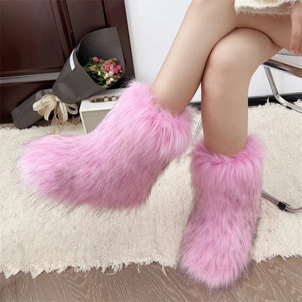 Women Faux Fur Fluffy Plush Furry Boots Comfortable Female Snow Boots Fur Shoes Outdoor Mid Calf Boots