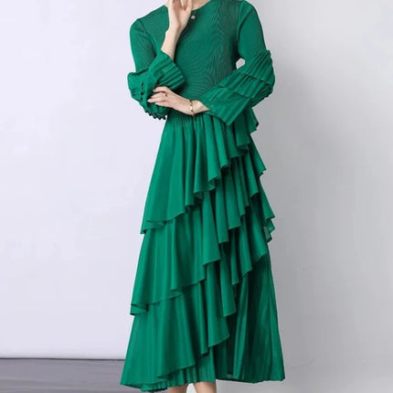 XFPV Elegant Fashion Style Women's Beautiful Dress Long Sleeves Round Neck Pleated Irregular Dresses For 2025 Autumn New 22D2441