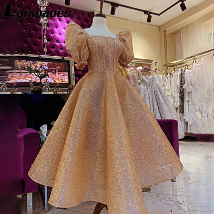 Customized Puffy Short Sleeves Golden Sequins Midi Length Cocktail Dress Party Woman Dresses Vestidos Elegantes Vestido Corto
