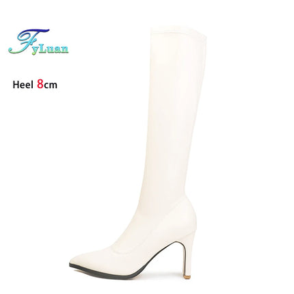 Spring Autumn Elastic Leather Boots For Women 6CM 8CM High Heels Side Zipper Knee-high Boors Fashion Pointed Winter Woman Shoes