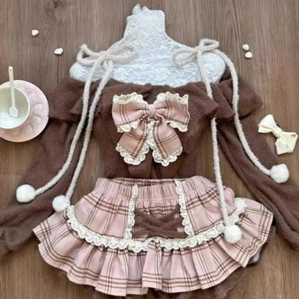 Japanese Cute Slim Women Party Dress Ruffled Lace Chic Bow Long Sleeve Kawaii Sweet Style Set Lightweight Trendy Female Design