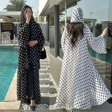 Abaya Suit Women Muslim Dresses Hijab 2 Piece Set Cardigan Robe Polka Dot Print Jalabiya Vestidos Khimar Dubai Abayas Kaftan
