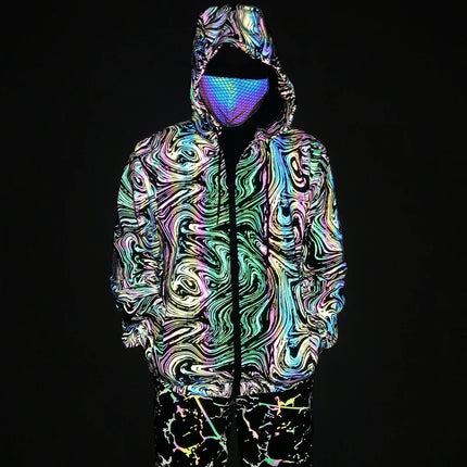 Spring And Autumn Men's Colorful Reflective Swirl Jacket Hooded Zipper Technology Long Sleeve Jacket Hip Hop Reflective Top
