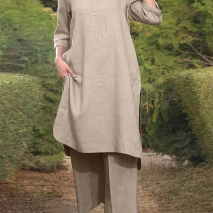 Muslim Women Wide Leg Pant Sets Shirts Loose Solid Two Piece Set V Neck Full Sleeve Long Tops Button Spliced Musulman Ensembles