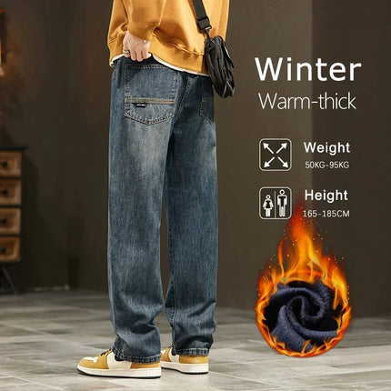 Thick Vintage Jeans Men's Winter Straight Warm Fleece Baggy Thermal Denim Trousers Fashion Korean Wide Male Plush Pants