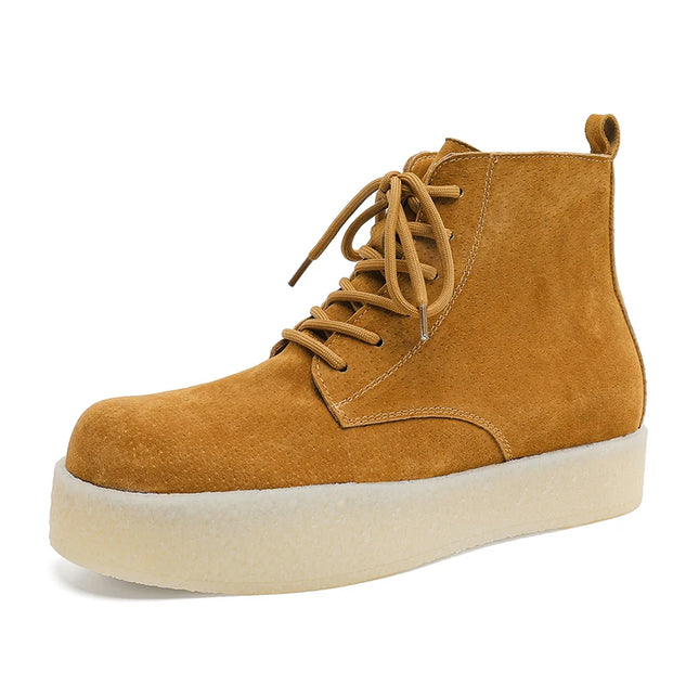 Thick Soled Height Increasing Work Boots for Men Solid Color Anti Suede Lace Up Short Boots for Youth Daily Outdoor Hiking Shoes