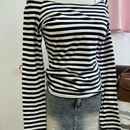 Sweet Pink Striped Long Sleeve T-shirt Women New Spring Cotton Raw Hem Slash Neck Slim Tee Tops Cute Preppy Style T shirt Y2K