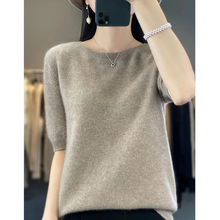 First-line ready-to-wear 100% Merino wool knitted short-sleeved women's loose solid color slim commuter five-point cuff T-shirt