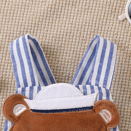 Baby Navy Style Bear Striped Romper with 3D Bear Patch, Cute and Adorable Design, Comfortable and Breathable Summer Jumpsuit