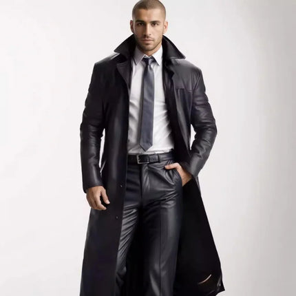 Hot Selling in Stock Men's Extended Trench Coat Men's Fashion ExtendedPULeather Slim Fit Fashion Leather Coat