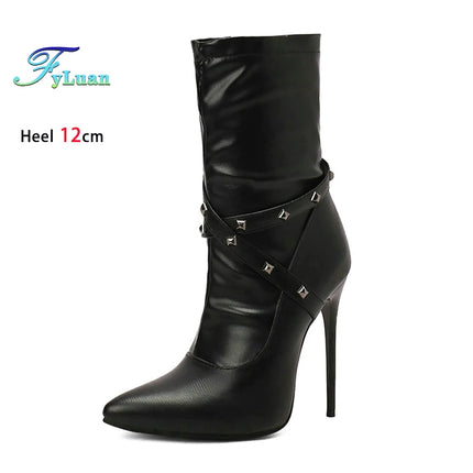 12CM Ultra High Heel Pointed Toe Stiletto Boots Women Ankle Boots Fashion Rivet Band T Show Short Booties Winter Female Shoes