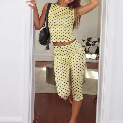 Dulzura Polka Dot Casual Sports 2 Piece Long Pants Set Backless Tank Top Slim Fit Long Pants Matching Set Vacation Street Outfit