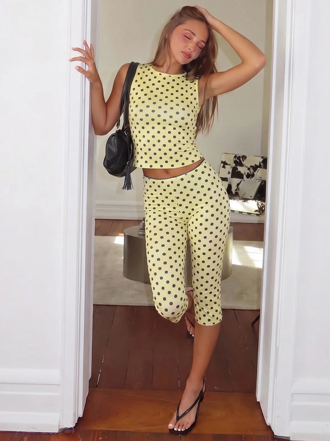 Dulzura Polka Dot Casual Sports 2 Piece Long Pants Set Backless Tank Top Slim Fit Long Pants Matching - product image 2