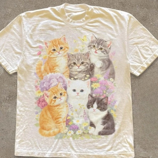 Retro Kätzchen-Shirt, Retro Blumen Katze T-Shirt, T-Shirt im Landhausstil Geschenk für Katzenliebhaber, Ästhetische Niedliche Kleidung, Harajuku-Stil
