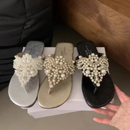 Flat Slippers Women's Summer New Pearl Versatile Soft Soled Ethnic Style Clip-toe Sandals with Low Heels