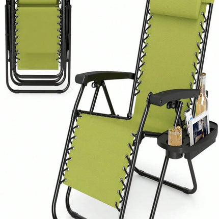 Portable Zero Gravity Chair With Cup Tray & Backrest, Lockable Reclining Anti-Gravity Lounger, Quick-Fold Outdoor Patio Recliner With Pillow, Lightweight Folding Yard Chair With Carry Handle