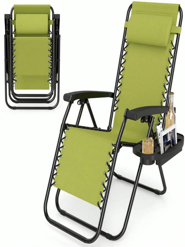 Portable Zero Gravity Chair With Cup Tray & Backrest, Lockable Reclining Anti-Gravity Lounger, Quick-Fold Outdoor Patio Recliner With Pillow, Lightweight Folding Yard Chair With Carry Handle