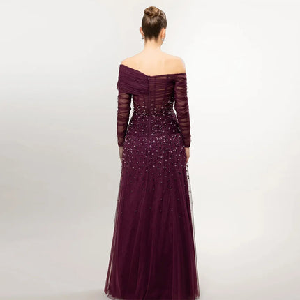 Customized Off the Shoulder A-Line Evening Dress Elegant Beading Celebrity Gowns Fashion Long Sleeves Bespoke Occasion Gowns