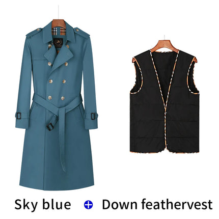 Men's trench coat long knee length with double breasted British plaid cotton lining down inner lining windbreaker mens