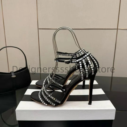 Round Toe Rhinestone High Heel Sandals 10.5CM Luxury Crystal Women Party Dress Sandals Sheepskin Lining Italian Genuine Leather