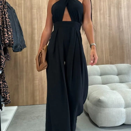 Sexy Backless Halter Neck Sleeveless Bandage Jumpsuit Summer Women Fashion Red Black Hollow Out Wide Leg Jumpsuits Streetwear