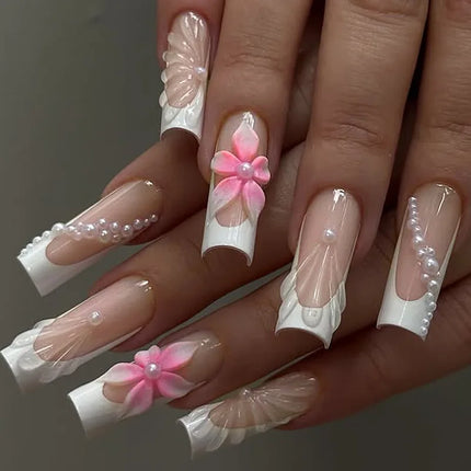 24Pcs Brown Long Coffin False Nails Glitter Ballet Wearable with French Design Fake nails Full Press on Nail Ins Nail Tips Art