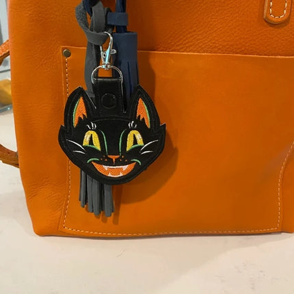 Vintage Halloween Scaredy Black Cat - Embroidered Vinyl Keychain