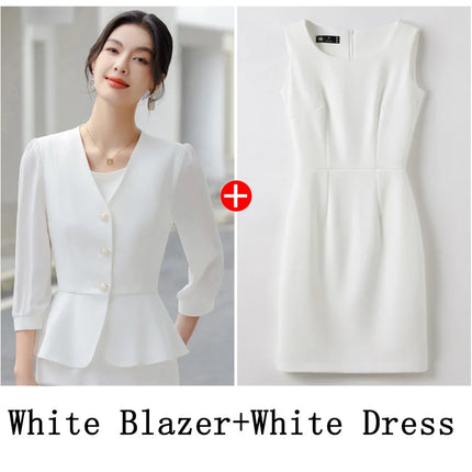 Women Casual 2 Pieces Set 2024 New Fashion Lantern Sleeve Jacket + White Dress Suit Office Ladies Business Blazers Skirt Set