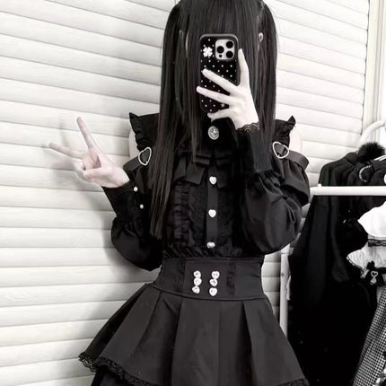 Japanese Cute Slim Women Party Dress Ruffled Lace Chic Bow Long Sleeve Kawaii Sweet Style Set Lightweight Trendy Female Design