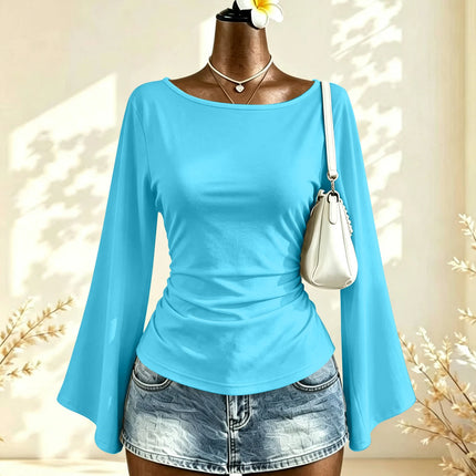 Women Boat Neck Flare Long Sleeve Side Ruched Fitted Casual Blouse Slim Fit Basic Top